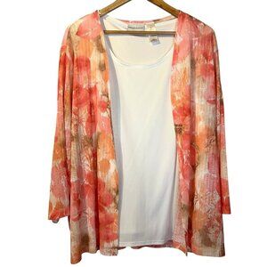 Alfred Dunner Womens White Tank Top Sheer‎ Coral Floral Cardigan 1X Artsy Mature